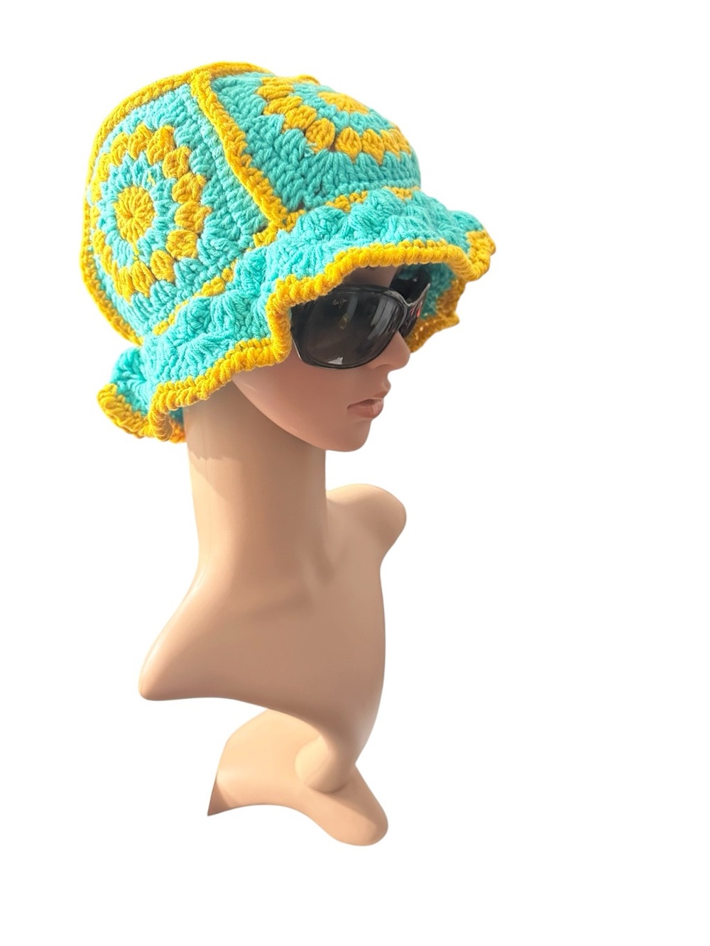 Handmade Turquoise and Yellow Crochet Bucket Hat - Women Accessories